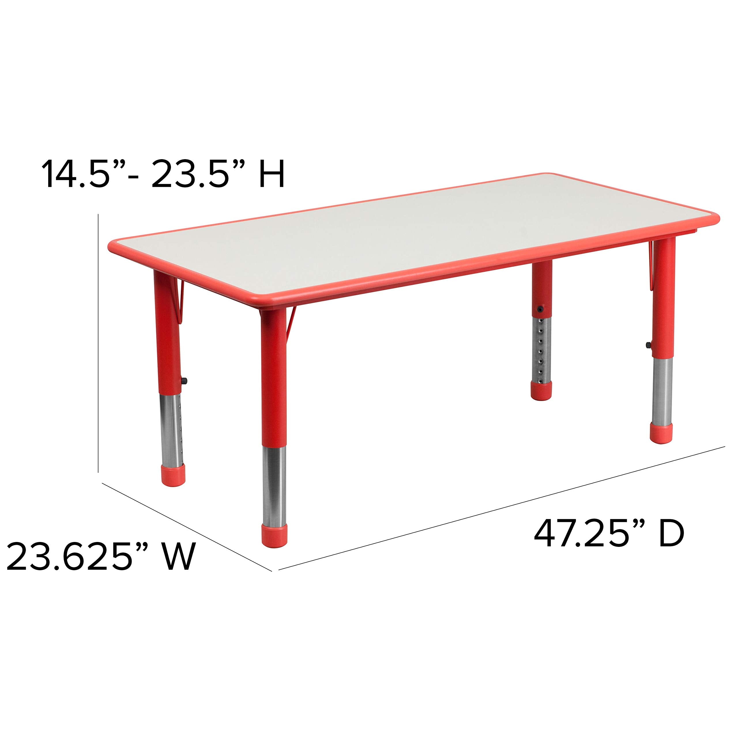 Flash Furniture Emmy 23.625''W x 47.25''L Rectangular Red Plastic Height Adjustable Activity Table Set with 4 Chairs